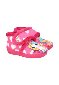 Zapatillas de felpa rosas con diseño de unicornio, que presentan una textura suave, correas de gancho y bucle, y una suela antideslizante con patrones de corazones.