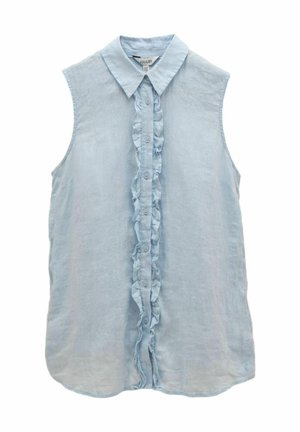 Light blue, sleeveless shirt made of linen. Features a button-down front with a ruffled placket and a classic collar. 저가나 의잇.