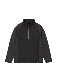 Svart tröja med kvartdragkedja, med en texturerad kropp och ribbade ärmar. Designen innehåller en hög krage och en subtil logotyp vid fållen.