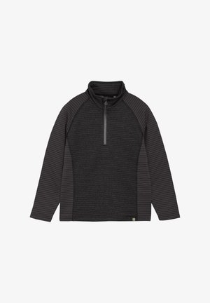 Schwarzer Pullover mit einem Viertel-Reißverschluss, der einen strukturierten Körper und gerippte Ärmel aufweist. Das Design beinhaltet einen hohen Kragen und ein dezent platziertes Logo am Saum.