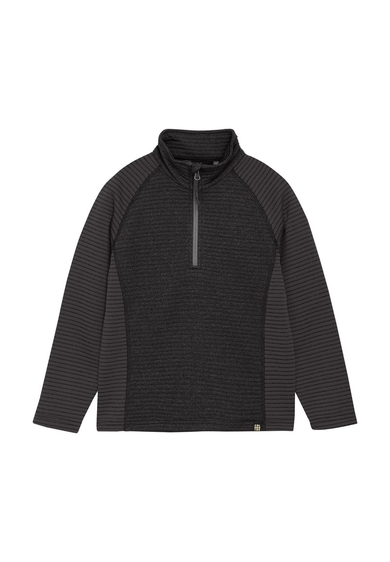 Svart tröja med kvartdragkedja, med en texturerad kropp och ribbade ärmar. Designen innehåller en hög krage och en subtil logotyp vid fållen.