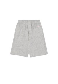 Corti in cotone grigio con una vita elasticizzata e una piccola etichetta con il logo. Il design presenta una vestibilità ampia e una texture liscia. Materiale leggero.