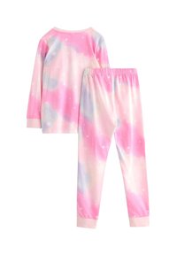 Set di pigiami rosa composto da top a maniche lunghe e pantaloni. Motivo colorato di nuvole e stelle su tessuto morbido e leggero. Vita elastica.