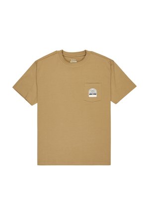 Brown cotton t-shirt with short sleeves, crew neck, and left chest pocket featuring a graphic design of a landscape and brand logo.