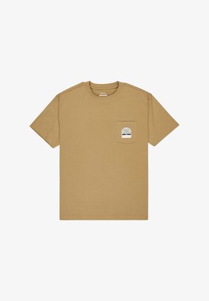 Brown cotton t-shirt with short sleeves, crew neck, and left chest pocket featuring a graphic design of a landscape and brand logo.