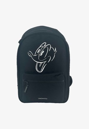 Schwarzer Stoff-Rucksack mit einem weißen Comic-Charakter-Gesicht auf der Vorderseite, einem Hauptreißverschlussfach und einer kleinen Reißverschlusstasche vorne.