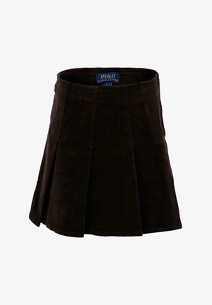 Gonna in corduroy marrone con design a pieghe, dotata di vita aderente e cuciture visibili. L'etichetta riporta "POLO RALPH LAUREN."