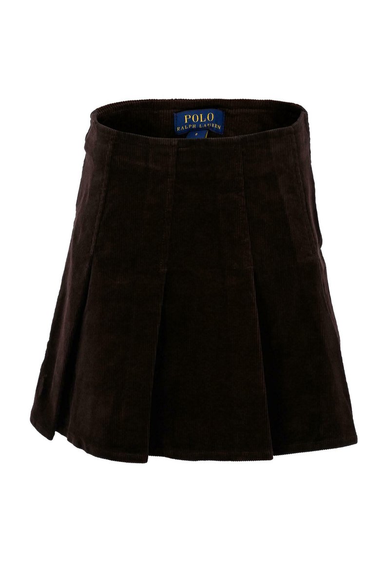 Gonna in corduroy marrone con design a pieghe, dotata di vita aderente e cuciture visibili. L'etichetta riporta "POLO RALPH LAUREN."