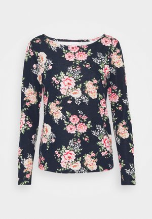 Chemise noire à manches longues avec imprimé floral rose et blanc et feuilles vertes, avec un col rond.