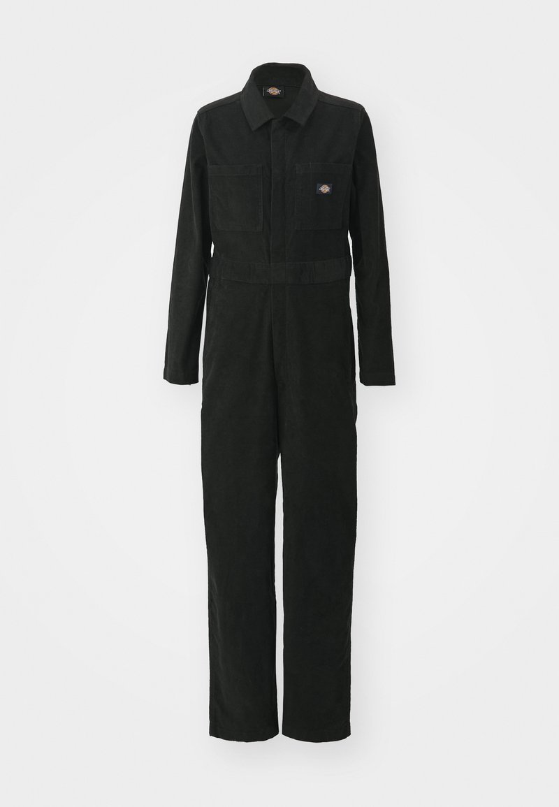 Combinaison en velours côtelé noir avec un col, deux poches avant et une taille cintrée. Des manches longues et des jambes droites complètent le design.