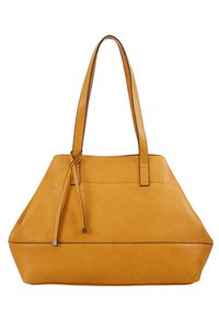 Sac à main en cuir jaune moutarde avec deux longues bandoulières et un détail décoratif noué sur un fond blanc uni.