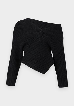 Schwarzer, gerippter Strickpullover mit einem schulterfreien Design, das eine gedrehte Detail im Rücken und lange Ärmel aufweist.
