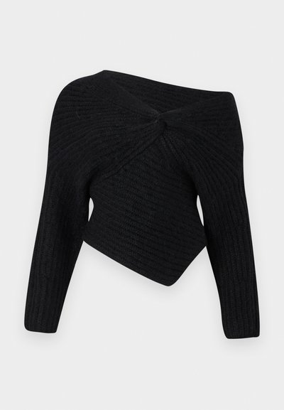 Black, ribbed knit sweater with an off-the-shoulder design, featuring a twisted detail at the back and long sleeves.