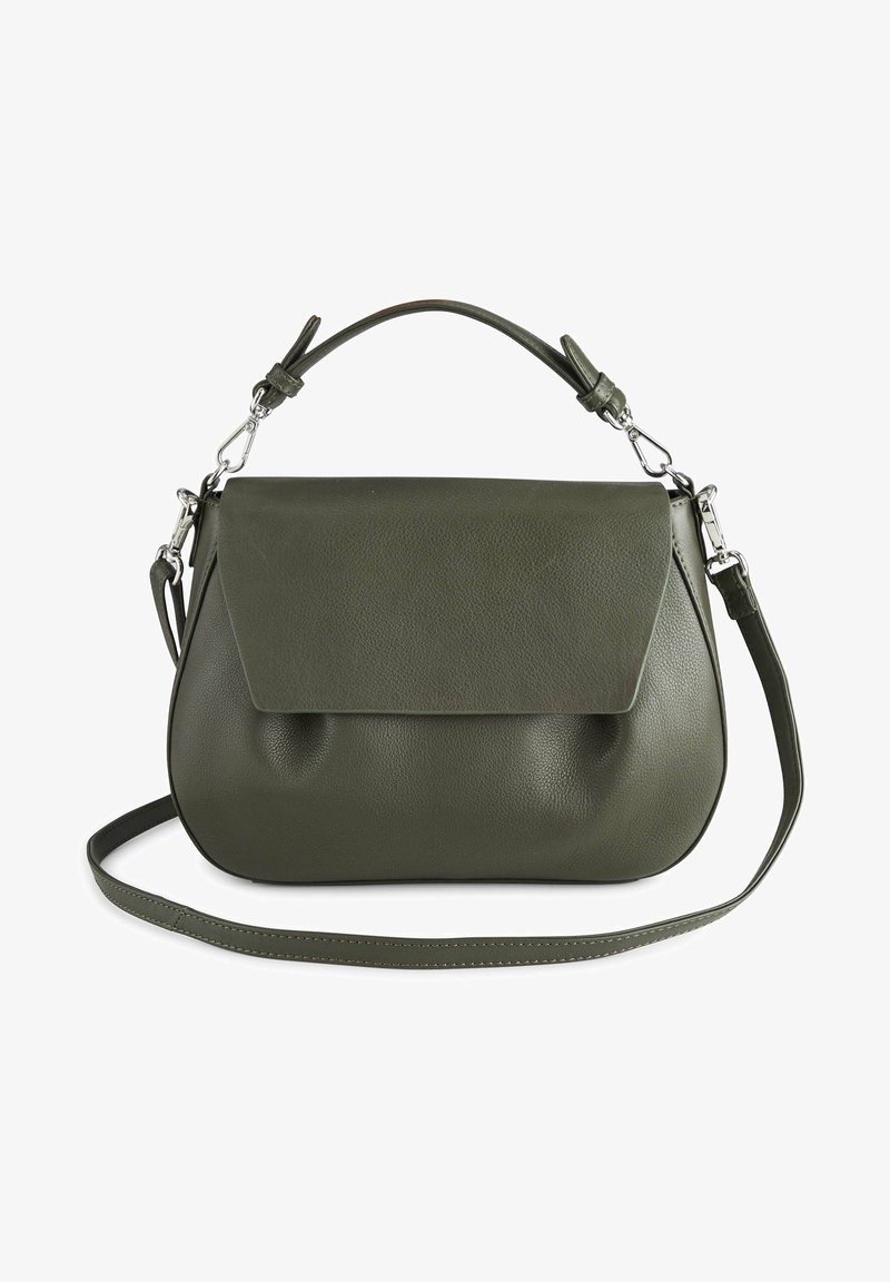 Sac à main en cuir vert olive avec fermeture à rabat, poignée courte et bandoulière longue amovible sur fond blanc.