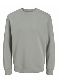 Sweat-shirt gris clair à col rond avec manches longues, poignets et ceinture côtelés, présenté sur fond blanc.