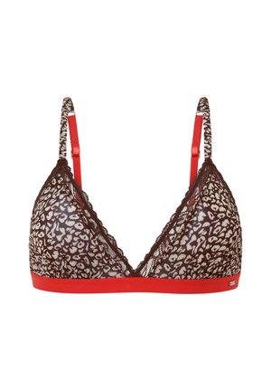 Soutien-gorge triangolare in stampa leopardata marrone e crema con rifiniture e spalline in pizzo rosso. Presenta una texture liscia e un tessuto morbido.