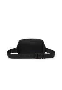 Marsupio in nylon nero di forma rettangolare, dotato di chiusura con zip e cinturino regolabile con marchio in rilievo. Texture liscia.