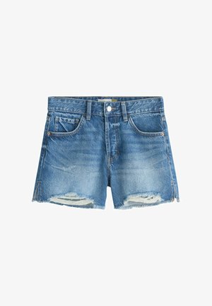 Blue denim shorts with frayed hems and small distressed patches on front, featuring belt loops and front pockets with rivets.
