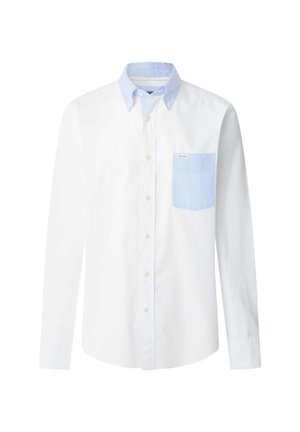 Camicia bianca a maniche lunghe con colletto blu chiaro e tasca. Presenta una chiusura con bottoni, una finitura liscia e una vestibilità su misura.