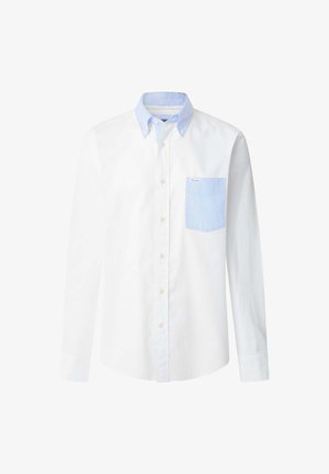 Camicia bianca a maniche lunghe con colletto blu chiaro e tasca. Presenta una chiusura con bottoni, una finitura liscia e una vestibilità su misura.