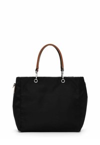 Sac à main en nylon noir avec des accents en cuir brun et des poignées doubles. Comprend des garnitures en argent et une forme structurée. Fermeture éclair sur le côté.