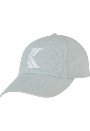 Light blue cap made of textured fabric, featuring a white embroidered logo on the front. Curved brim and ventilation eyelets.