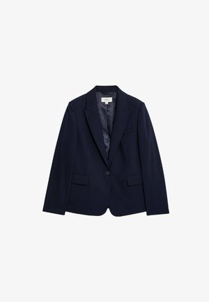 Blazer blu navy realizzato in tessuto liscio, con chiusura a un bottone, due tasche frontali e un design con rever a punta.