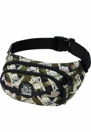 Marsupio mimetico con tracolla nera regolabile, due tasche con cerniera e motivo con segni a mano "shaka" bianchi e testo "DAKINE".