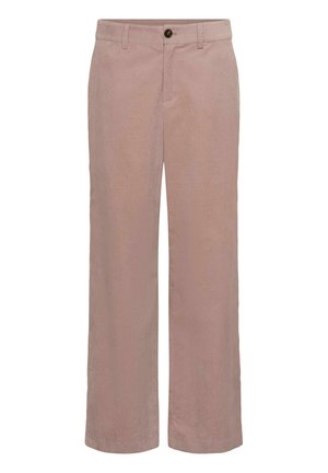 Heledad roosa laiade pükste paar pehmest kangast, millel on ees nööpide sulgemine, kaks küljetaskut ja sile tekstuur.