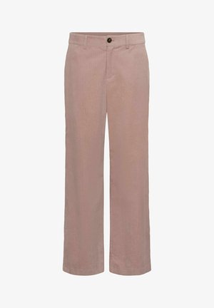 Světle růžové široké kalhoty vyrobené z jemné tkaniny, s předním zapínáním na knoflík, dvěma bočními kapsami a hladkým povrchem.