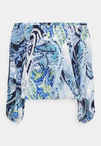 Off-shoulder bluse i let stof, med et blåt og grønt paisley-mønster, afslappet pasform og samlede detaljer.