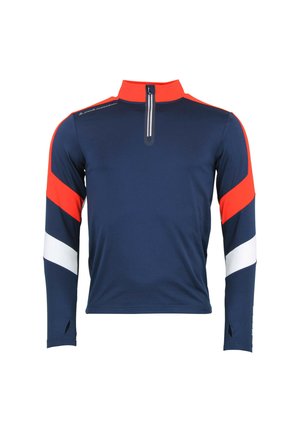 T-shirt de sport à manches longues bleu marine avec des rayures diagonales rouges et blanches. Il présente un col zippé à quart de fermeture et des orifices pour les pouces aux poignets.