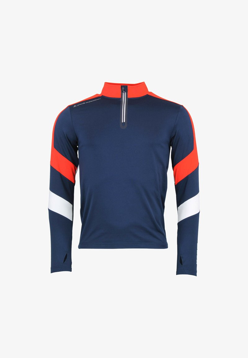 T-shirt de sport à manches longues bleu marine avec des rayures diagonales rouges et blanches. Il présente un col zippé à quart de fermeture et des orifices pour les pouces aux poignets.