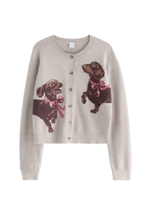 Beige cardigan med knapper med to brun gravhund design, der har pinke sløjfer, den ene siddende og den anden stående.