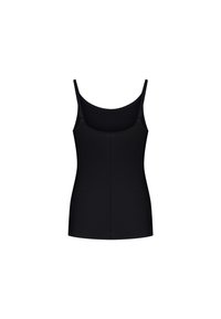 Zwarte tanktop met dunne verstelbare bandjes, een aansluitende pasvorm en een gladde stofstructuur zonder patronen of versieringen.