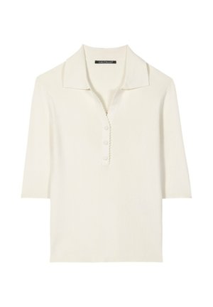Cream ribbed knit short-sleeve top with a collar and three front buttons, designed by Luisa Cerano.