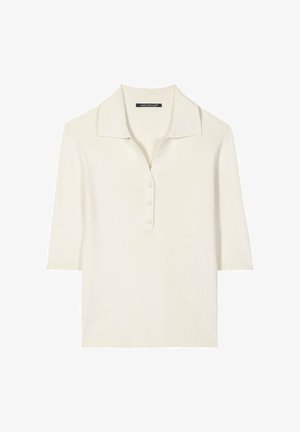 Cream ribbed knit short-sleeve top with a collar and three front buttons, designed by Luisa Cerano.