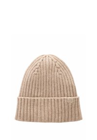 Beige knit beanie made of textured fabric, featuring a ribbed design and a folded cuff. A small logo tag is sewn onto the cuff.