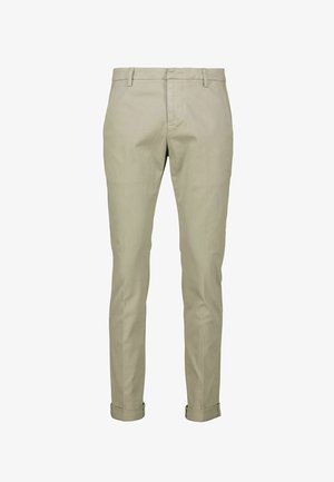 Pantaloni slim-fit color beige chiaro in cotone morbido. Presentano una vita con passanti per cintura e orli arrotolati alle caviglie.