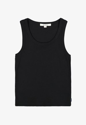 Camiseta negra sin mangas, acanalada, con escote redondo, etiquetada "Garcia" talla 152/158, colocada sobre un fondo blanco.