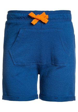 Blå bomuldsshorts med elastisk talje, front-kængurulomme, opklappede kanter og orange bundet snøre.