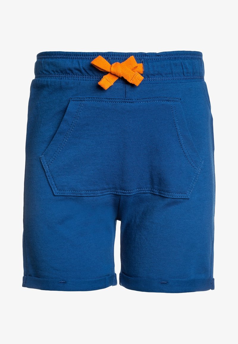 Short en coton bleu avec une taille élastiquée, une poche kangourou à l'avant, des ourlets roulés et un cordon orange noué.