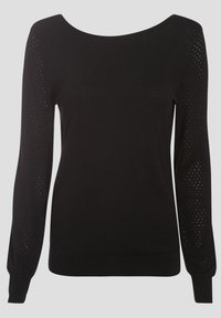 Maglione nero lavorato a maglia con scollatura a barca ampia e maniche lunghe a sbuffo. Le maniche presentano un design lavorato a maglia aperta con motivo a rombi.