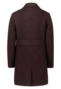 Abrigo de lana burdeos oscuro con una textura suave, mangas largas, un cuello de muesca y un detalle de costura horizontal en la parte posterior.