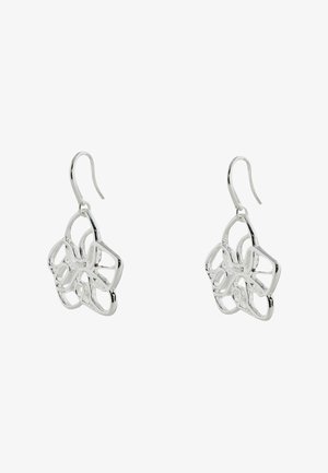 Silver metal dangle earrings with openwork flower-shaped designs and curved hooks for pierced ears.