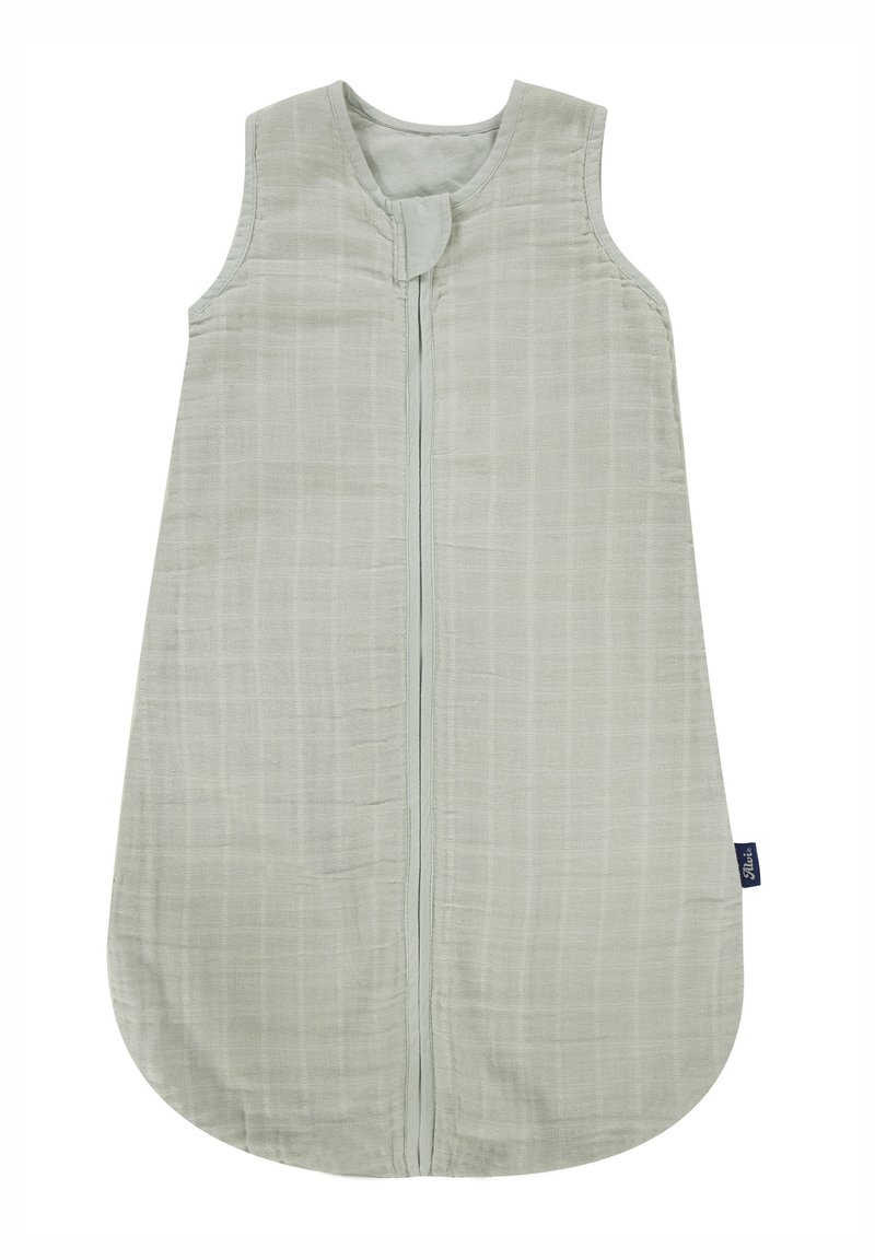 Light green baby sleep sack, sleeveless, with a front zipper, textured grid pattern, and rounded hem; made of soft material.