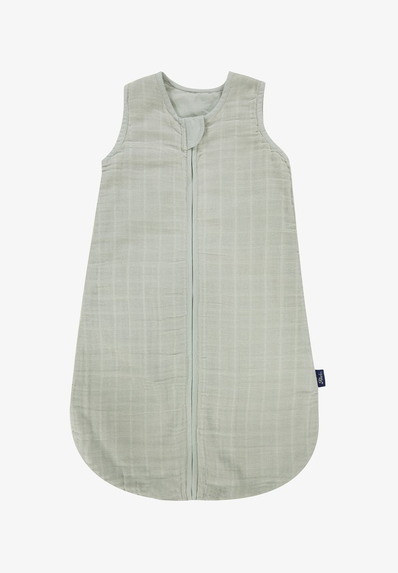 Light green baby sleep sack, sleeveless, with a front zipper, textured grid pattern, and rounded hem; made of soft material.
