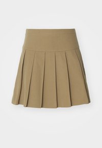 Jupe plissée kaki avec une taille ajustée, confectionnée dans un tissu lisse, dotée de plis en couteau nets qui soulignent son apparence structurée.