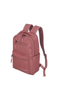 Zaino in tessuto rosa con due spallacci regolabili, numerosi scomparti con cerniera e una finitura testurizzata. Presenta un accento con logo.