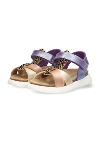 Sandali colorati caratterizzati da cinghie viola, dorate e con stampa leopardata; design open toe; suola in gomma bianca; materiali tessili e sintetici.
